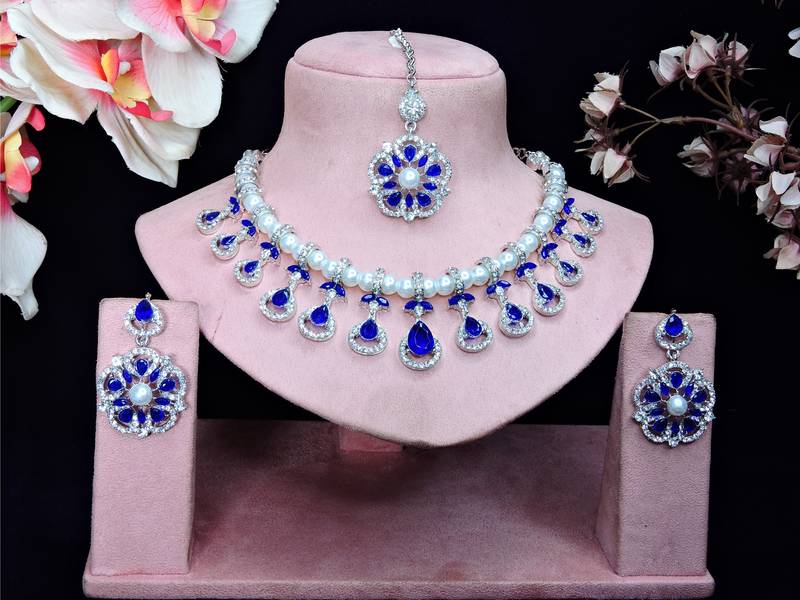 Blue rhodium premium designer american diamond and stone work necklace set