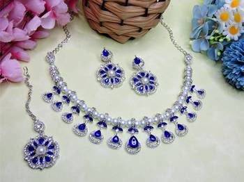 Blue rhodium premium designer american diamond and stone work necklace set 2