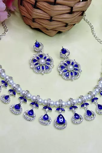 Blue rhodium premium designer american diamond and stone work necklace set