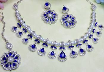 Blue rhodium premium designer american diamond and stone work necklace set 3