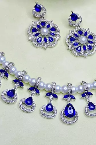 Blue rhodium premium designer american diamond and stone work necklace set