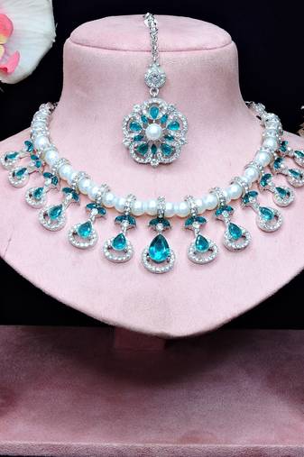 Green rhodium premium designer american diamond and stone work necklace set