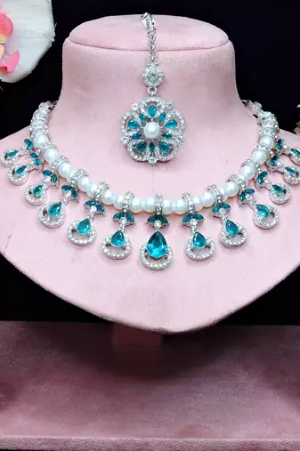 Green rhodium premium designer american diamond and stone work necklace set