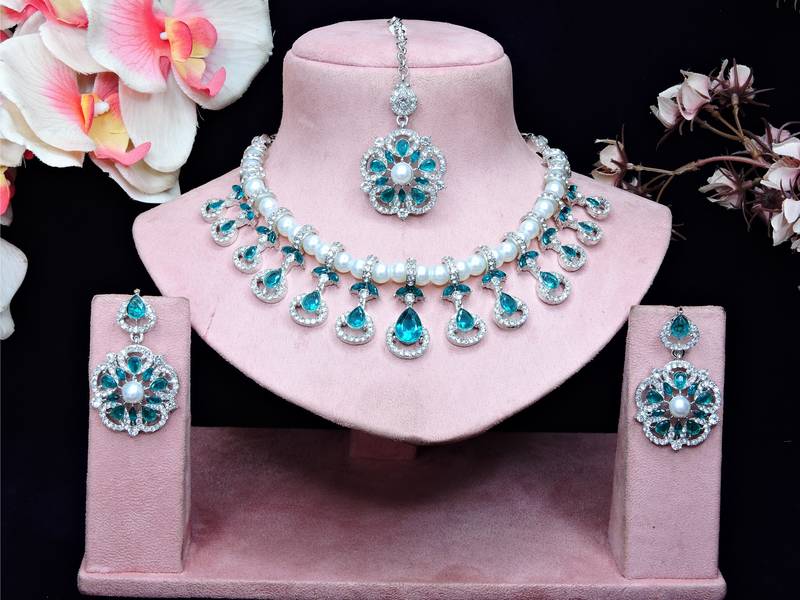 Green rhodium premium designer american diamond and stone work necklace set