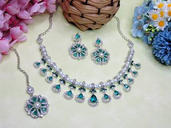 Green rhodium premium designer american diamond and stone work necklace set 2