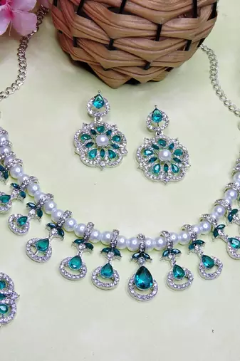 Green rhodium premium designer american diamond and stone work necklace set
