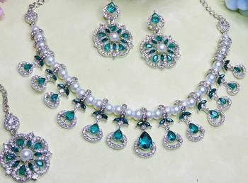 Green rhodium premium designer american diamond and stone work necklace set 3