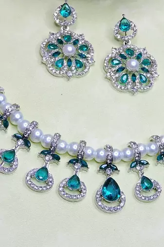 Green rhodium premium designer american diamond and stone work necklace set