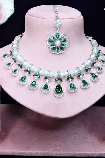 Green rhodium premium designer american diamond and stone work necklace set