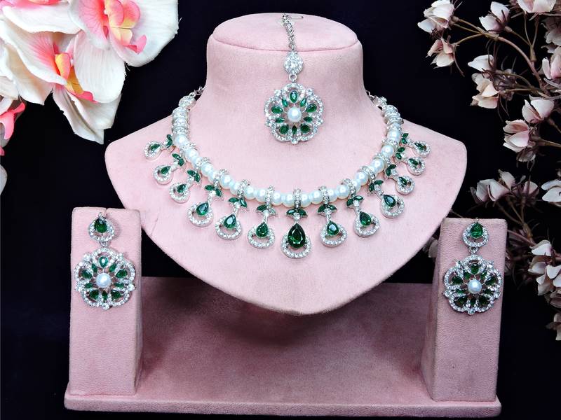 Green rhodium premium designer american diamond and stone work necklace set