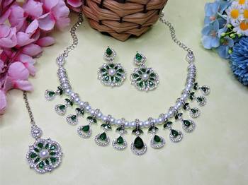 Green rhodium premium designer american diamond and stone work necklace set 2