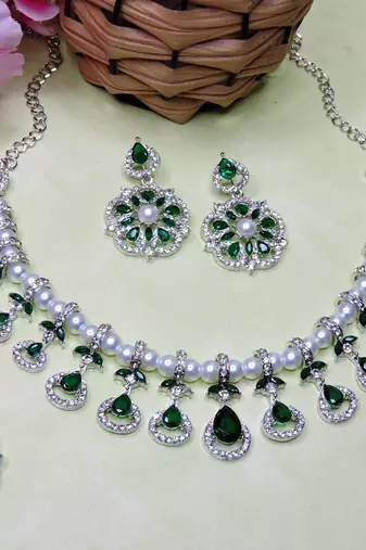Green rhodium premium designer american diamond and stone work necklace set