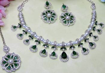 Green rhodium premium designer american diamond and stone work necklace set 3