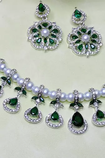 Green rhodium premium designer american diamond and stone work necklace set