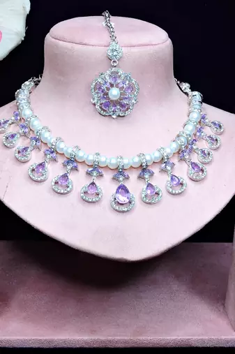 Purple rhodium premium designer american diamond and stone work necklace set