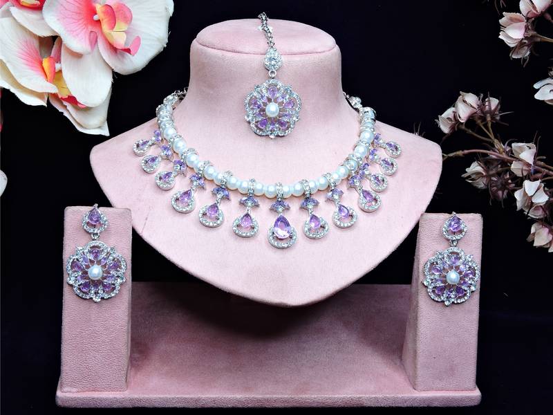 Purple rhodium premium designer american diamond and stone work necklace set