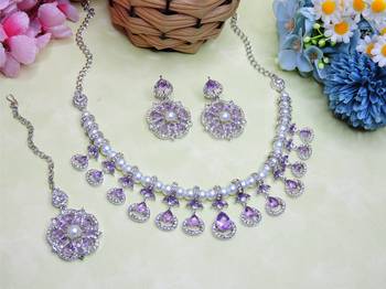 Purple rhodium premium designer american diamond and stone work necklace set 2