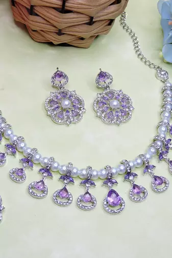 Purple rhodium premium designer american diamond and stone work necklace set