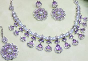 Purple rhodium premium designer american diamond and stone work necklace set 3
