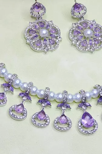 Purple rhodium premium designer american diamond and stone work necklace set