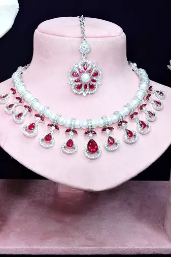Maroon rhodium premium designer american diamond and stone work necklace set