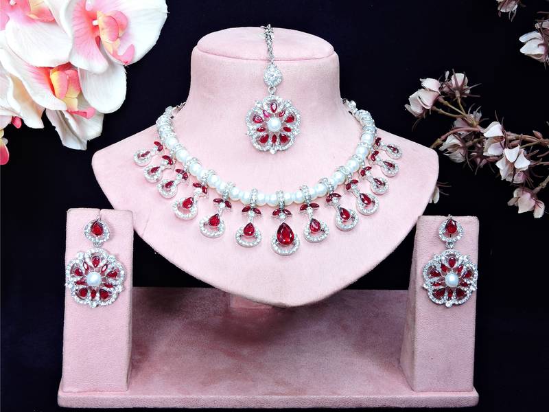 Maroon rhodium premium designer american diamond and stone work necklace set