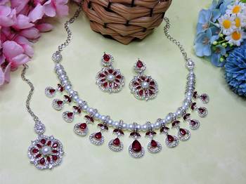 Maroon rhodium premium designer american diamond and stone work necklace set 2