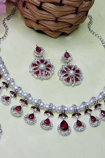 Maroon rhodium premium designer american diamond and stone work necklace set