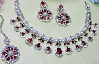 Maroon rhodium premium designer american diamond and stone work necklace set 3