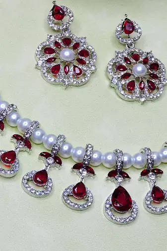 Maroon rhodium premium designer american diamond and stone work necklace set