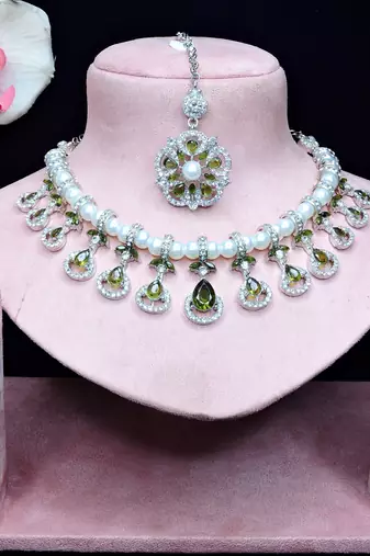 Green rhodium premium designer american diamond and stone work necklace set