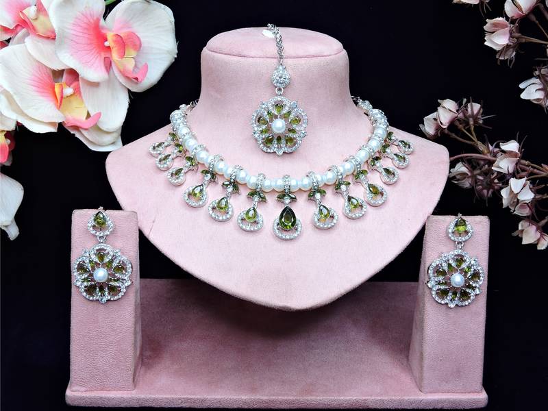 Green rhodium premium designer american diamond and stone work necklace set