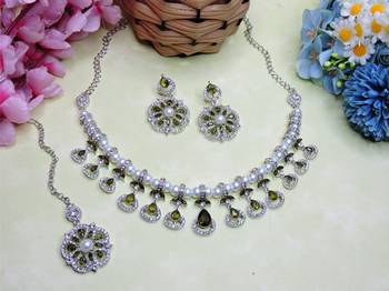 Green rhodium premium designer american diamond and stone work necklace set 2