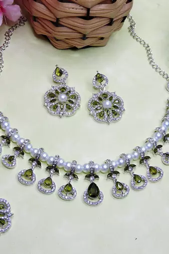 Green rhodium premium designer american diamond and stone work necklace set