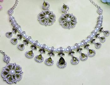 Green rhodium premium designer american diamond and stone work necklace set 3