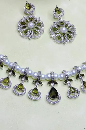 Green rhodium premium designer american diamond and stone work necklace set