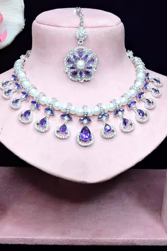 Blue rhodium premium designer american diamond and stone work necklace set