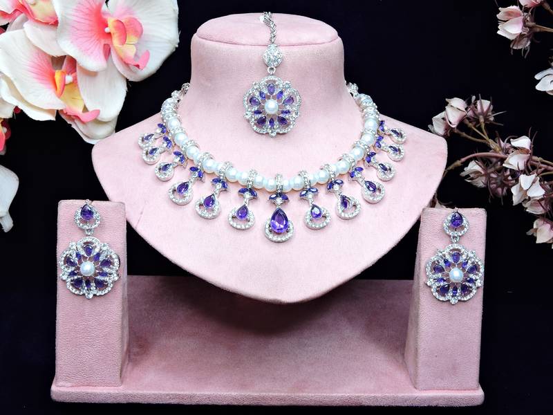 Blue rhodium premium designer american diamond and stone work necklace set