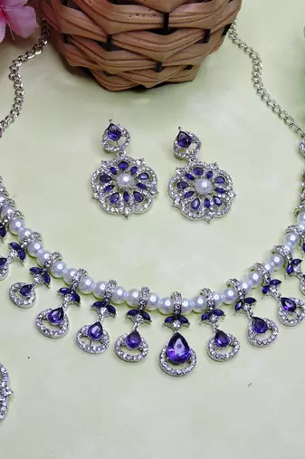Blue rhodium premium designer american diamond and stone work necklace set