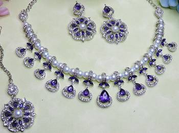 Blue rhodium premium designer american diamond and stone work necklace set 3