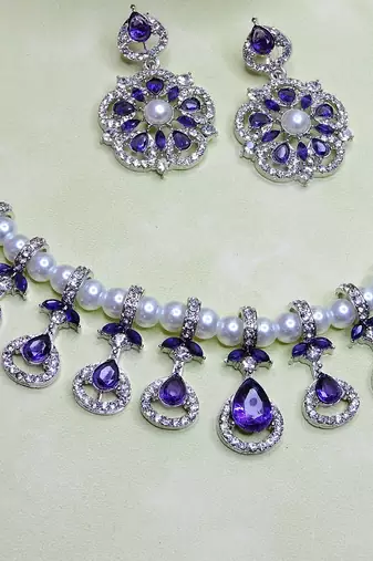 Blue rhodium premium designer american diamond and stone work necklace set