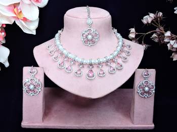 Pink rhodium premium designer american diamond and stone work necklace set 1