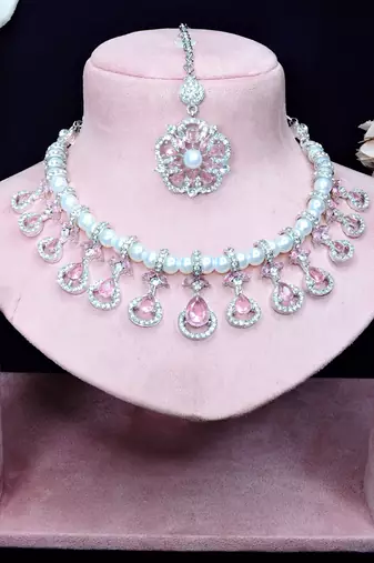 Pink rhodium premium designer american diamond and stone work necklace set