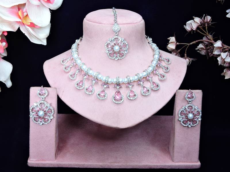 Pink rhodium premium designer american diamond and stone work necklace set