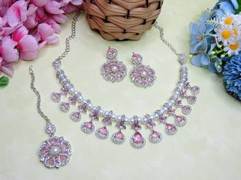 Pink rhodium premium designer american diamond and stone work necklace set 2