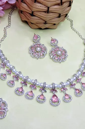 Pink rhodium premium designer american diamond and stone work necklace set