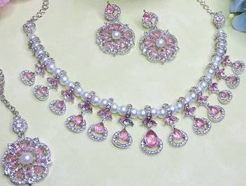 Pink rhodium premium designer american diamond and stone work necklace set 3