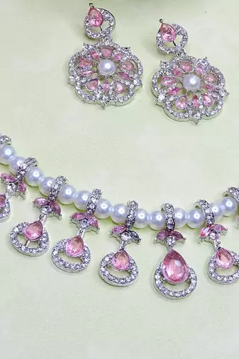 Pink rhodium premium designer american diamond and stone work necklace set