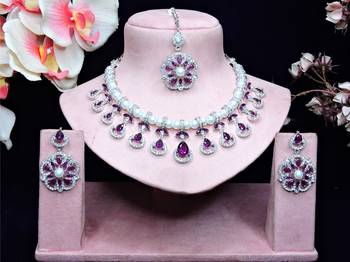 Purple rhodium premium designer american diamond and stone work necklace set 1
