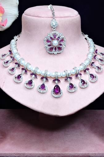 Purple rhodium premium designer american diamond and stone work necklace set